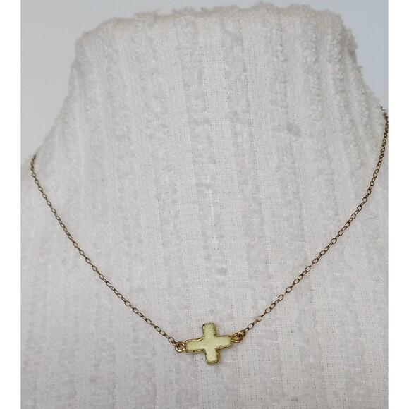 Dainty Green Stone Sideways Cross 1/20 14K Gold Filled Necklace 18 inch - Picture 1 of 7